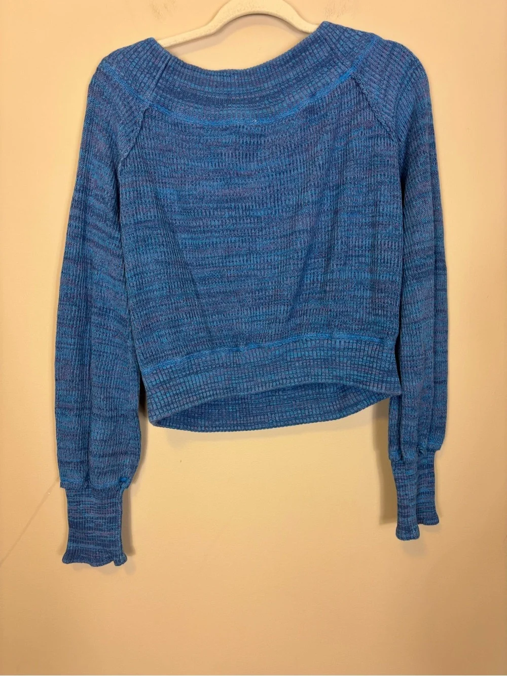 Free People Blue and Purple Cropped Boatneck Knit Sweater XL